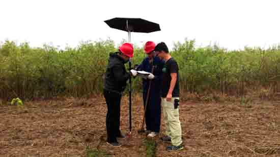 我司员工冒雨为客户进行线路干架定点测量